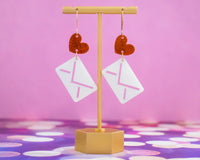 Valentines Earrings Love Letter With Heart, Glitter Dangle