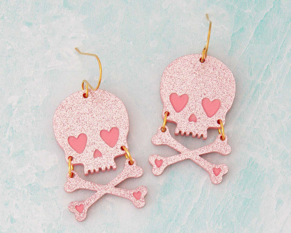 Pink Skull Halloween Earrings Spooky Handmade Dangles
