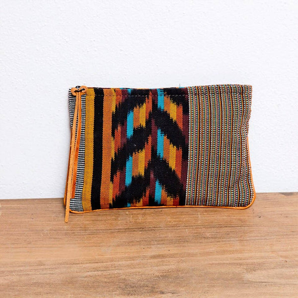 Handwoven Cosmetic With Leather Detail Purse: Amber