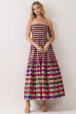 CD07440-Smocked Bodice Plaid Tiered Maxi Dress