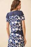 CT9610-Floral Print Contrast Scalloped Panel Detail Top