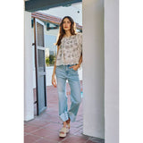 MID RISE DENIM FRAYED ROLL UP HEM WIDE LEG JEANS