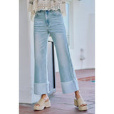 MID RISE DENIM FRAYED ROLL UP HEM WIDE LEG JEANS
