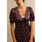 SATIN POLKA DOT LACE TRIM SHORT SLEEVES MINI DRESS