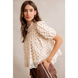 POLKA DOT COTTON LACE TRIM SHORT SLEEVES BLOUSE TOP