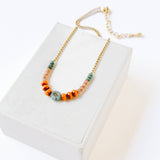 Tiny Blue Flower Necklace With Orange Beads, Fall Winter 24