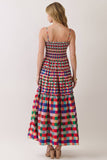 CD07440-Smocked Bodice Plaid Tiered Maxi Dress