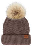 C.C Smocking Stitch Pattern Cuff Beanie with Pom Winter Hat