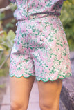 36411 Scallop Embroidered Hem Floral Jacquard Shorts