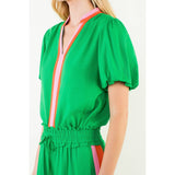 Puff Sleeve Stripe Detail V-Neck Top