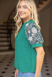 36723 Floral Embroidered Lace Puff Sleeve Solid Textured Top