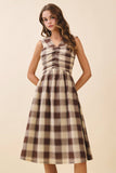 CD06194-Brown Checkered V Neck Ruched Bodice Midi Dress