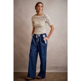POCKET LACE TRIM WIDE LEG PULL ON DENIM PANT
