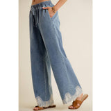 LACE TRIM WIDE LEG ELASTIC MID RISE DENIM PANTS