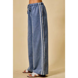 LACE TRIM ELASTIC WAIST MID RISE WIDE DENIM PANTS