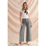 WASHED STRIPE DENIM FRAYED HEM PANTS