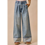 MID RISE PLATED WID LEG DENIM JEAN PANTS