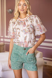 36844 Double Pocket Floral Embroidery Mineral Washed Shorts