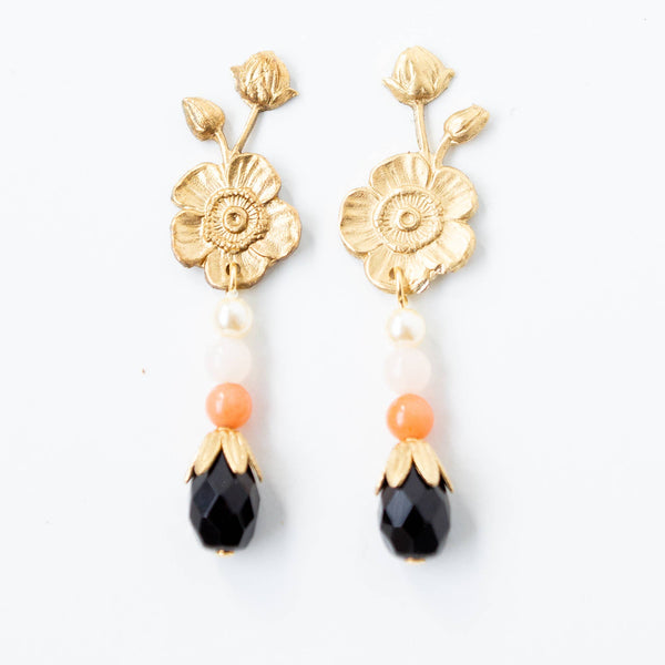 Flower Stud Earrings with pearls and corals, Pearl Studs