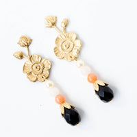 Flower Stud Earrings with pearls and corals, Pearl Studs
