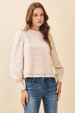 CT9536-Lace High Neck Back Keyhole Puff Sleeves Blouse