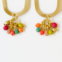 Long Oval Brass Earrings With Tiny Colorful Beaded Clusters