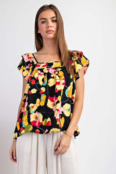 FLORAL RUFFLE SQUARE NECK TOP