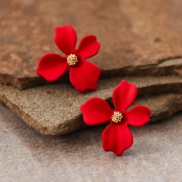 Red Painted Metal Flower Stud Earrings