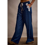 POCKET LACE TRIM WIDE LEG PULL ON DENIM PANT