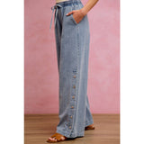 SIDE BUTTONS PULL ON WIDE LEG DENIM JEANS PANTS