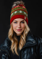 Red, Green & White Christmas Pattern Pom Hat