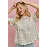 FLORAL PRINT LACE TRIM COTTON BLOUSE TOP