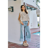 MID RISE DENIM FRAYED ROLL UP HEM WIDE LEG JEANS