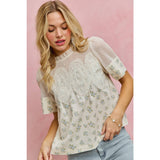 FLORAL PRINT LACE TRIM COTTON BLOUSE TOP