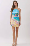 CD07191-Coastal Scenic Print Halter Mini Dress