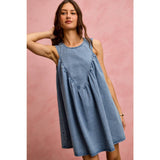 DENIM RUCHED SLEEVELESS DRESS