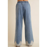 LACE TRIM WIDE LEG ELASTIC MID RISE DENIM PANTS