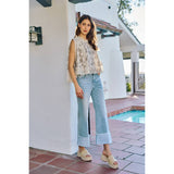 MID RISE DENIM FRAYED ROLL UP HEM WIDE LEG JEANS