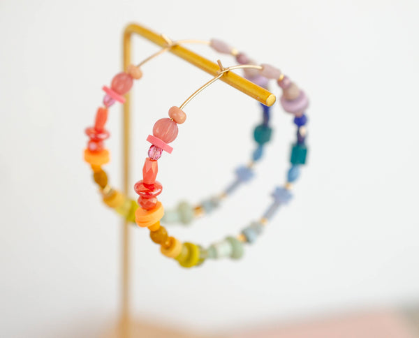 Rainbow Beaded Large Hoop Earrings