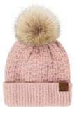 C.C Smocking Stitch Pattern Cuff Beanie with Pom Winter Hat