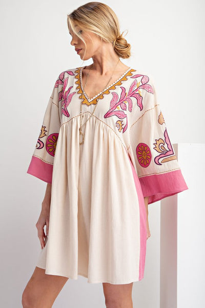 EMBROIDERED POLY LINEN WOVEN DRESS