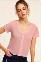 BRUSHED WAFFLE BUTTON FRONT SHORT SLEEVE TOP