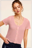 BRUSHED WAFFLE BUTTON FRONT SHORT SLEEVE TOP