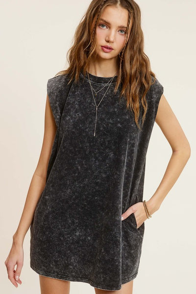 MINERAL WASHED SLEEVELESS DRESS WITH SIDE POCKETS