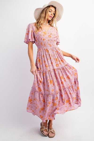 FLORAL PRINT RAYON GAUZE TIERED WOVEN DRESS
