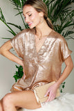 V-neck Short Sleeve Metallic Woven Blouse Top