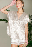 V-neck Short Sleeve Metallic Woven Blouse Top