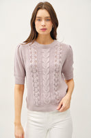 CHUNKY PUFF SHORT SLEEVE CABLE KNIT SWEATER