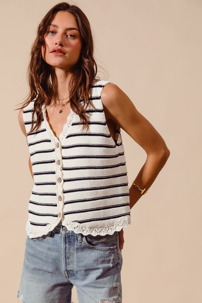 Button front striped sweater vest