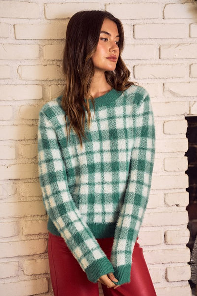 Holiday Christmas Plaid Eyelash Sweater Top
